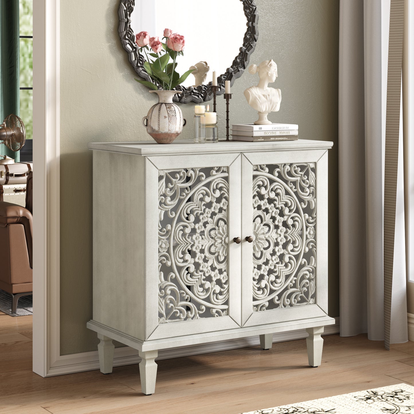 GOMYHOME Antique Gray White 2-Door Hollow-Carved Accent Cabinet with Shelf