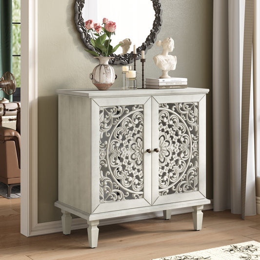 GOMYHOME Antique Gray White 2-Door Hollow-Carved Accent Cabinet with Shelf