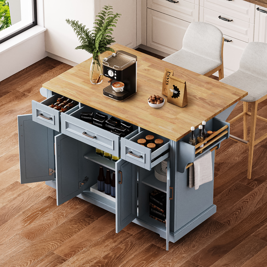 54" Grey Blue Kitchen Island with Drop Leaf, Storage & Wheels