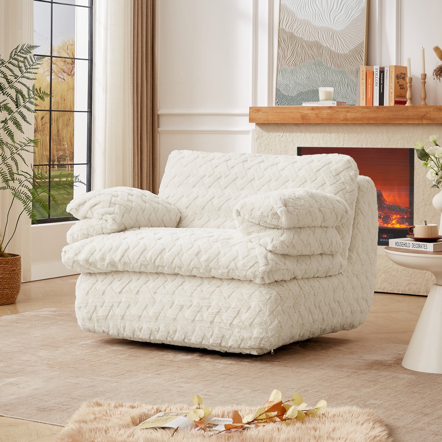 GOMYHOME Corduroy Swivel Lounge Chair, Upholstered Modern Accent Chair, White
