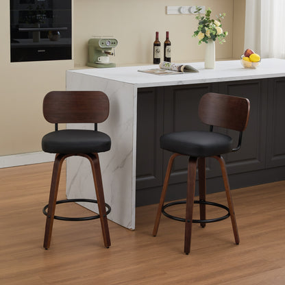 GOMYHOME Black Mid-Century Modern PU Leather Counter Height Bar Stools 26", Set of 2