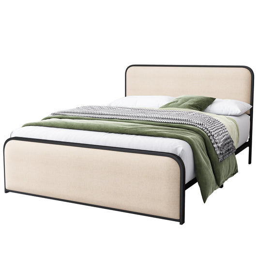 '-Modern Beige Queen Metal Bed Frame with Curved Upholstered Headboard & Footboard, Heavy-Duty Slats, Under-Bed Storage