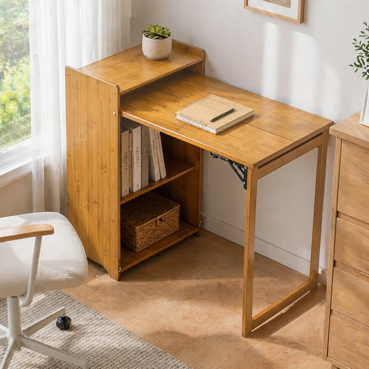 GOMYHOME Bamboo Folding Desk, Foldable Desk for Small Space, Computer Desk with Hidden