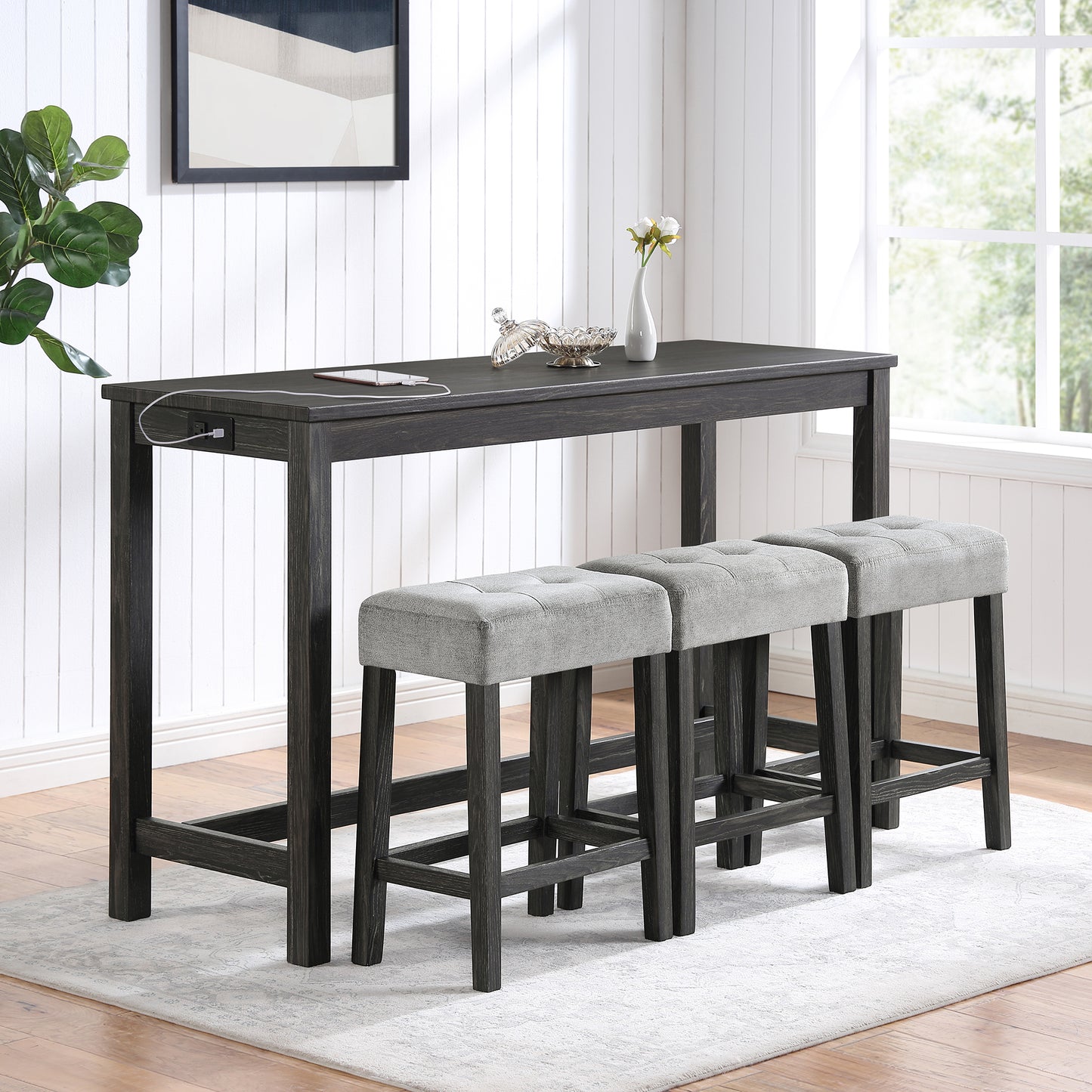 GOMYHOME 4-Piece Bar Table Set with Power Outlet, Industrial Dining Table with Stools, Wood MDF
