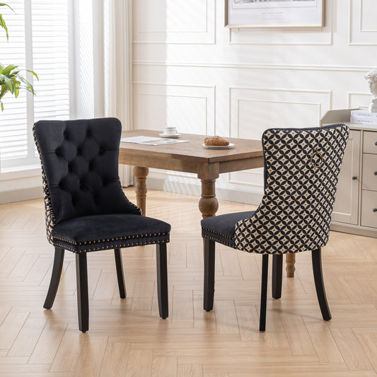 Velvet Dining Chair, Dual-Fabric Black & Patterned, Tufted Solid Wood, Set of 2