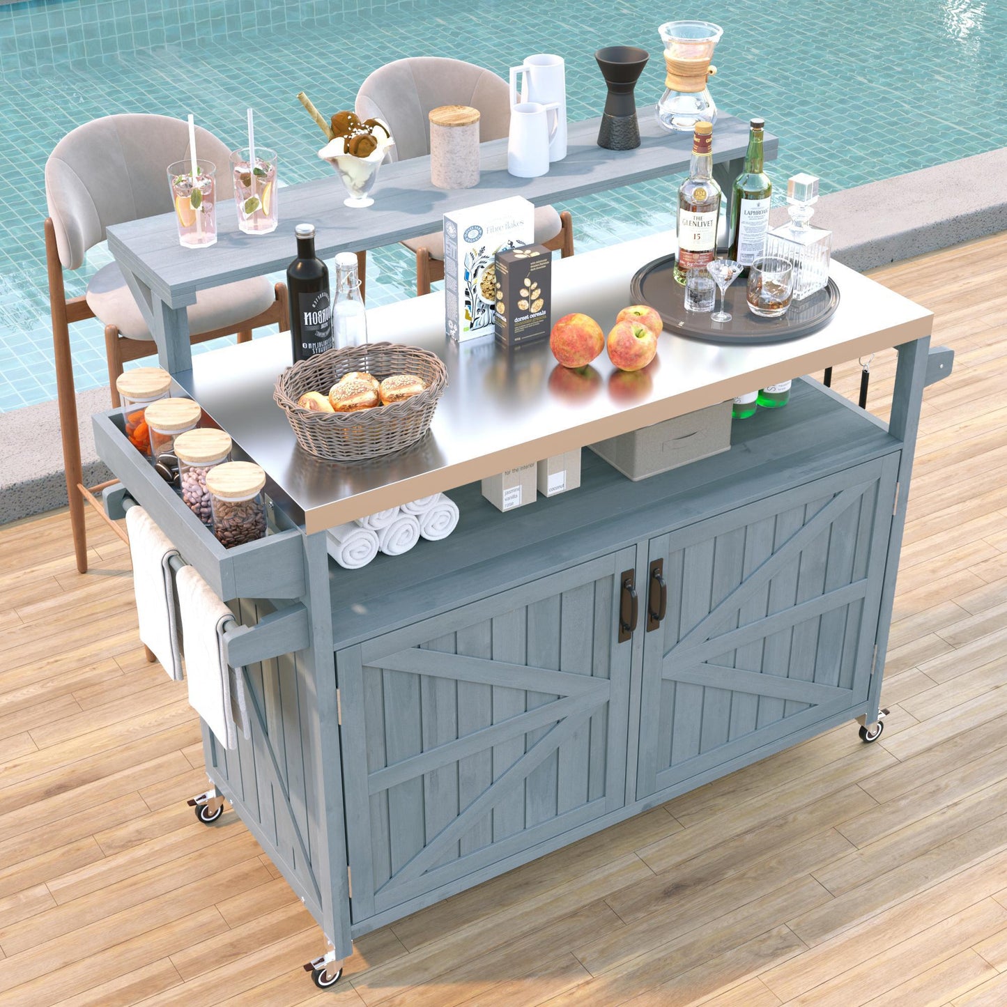 GOMYHOME Outdoor Grill Prep Station Cart w/ Stainless Steel Top, Storage Cabinet & Wheels, Gray