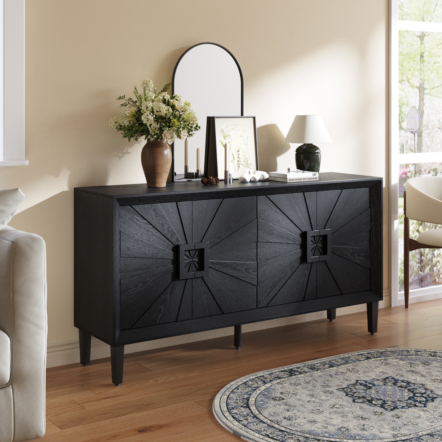 GOMYHOME Black 60-inch Sunburst Farmhouse Credenza TV Stand for Living Room Storage