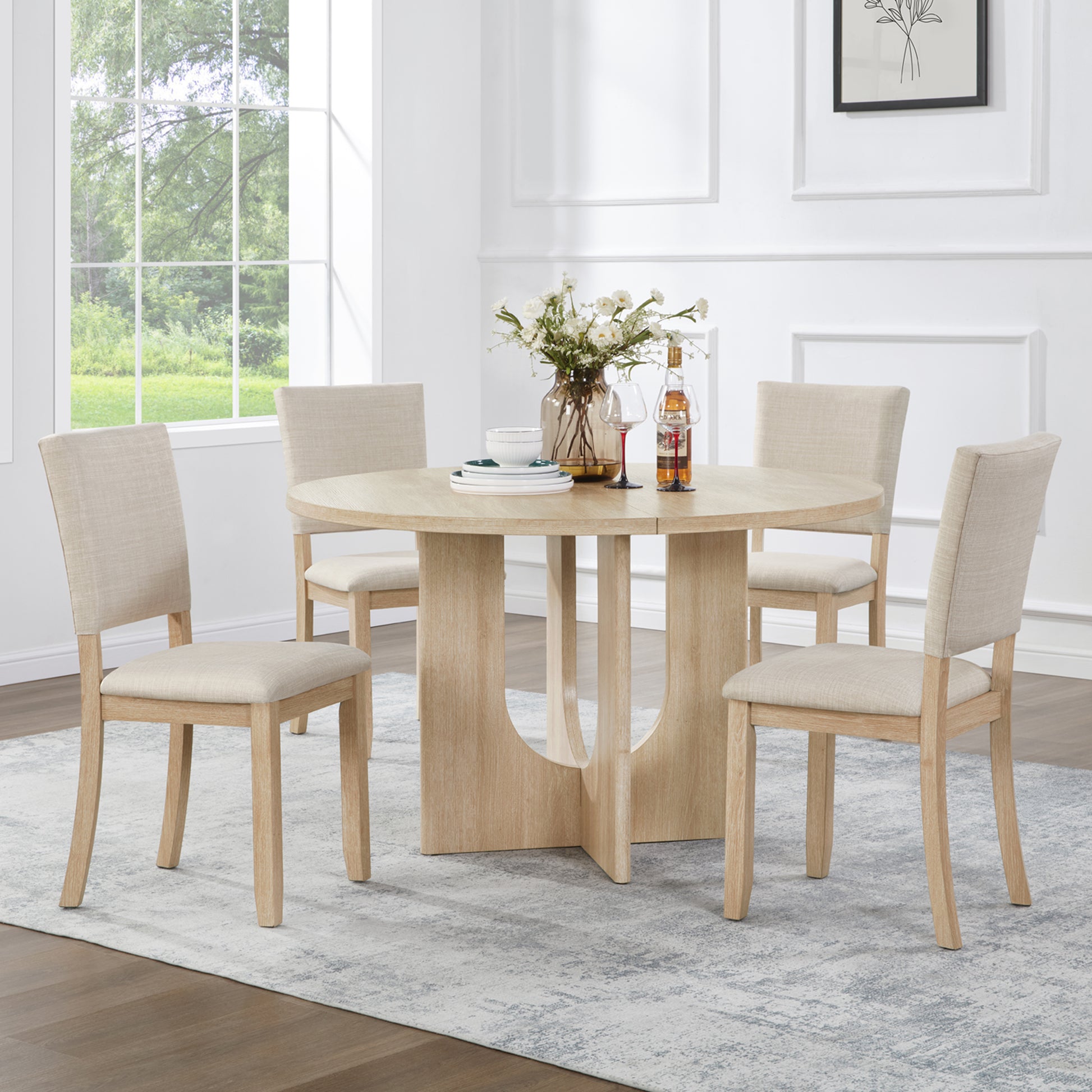 GOMYHOME beige, light oak beige, light oak 5-piece round dining table set for 4 for dining room and kitchen