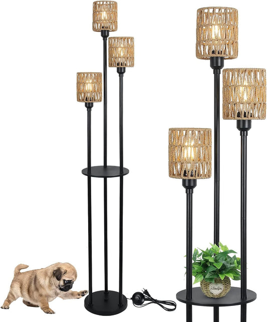'-3-Light Floor Lamp with Shelves & Rattan Shades – Rustic Tall Lamp