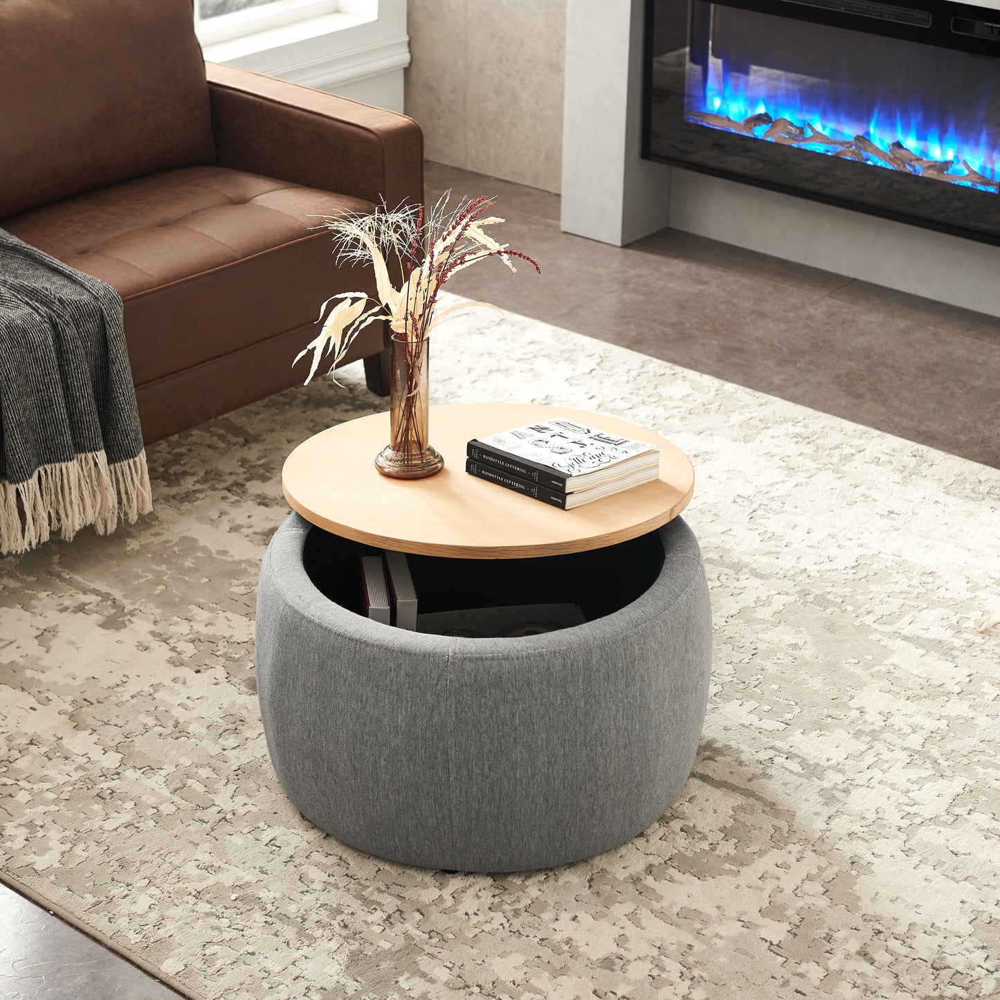 GOMYHOME Dark Gray Round Storage Ottoman with Removable Seat, 25.5 Inch Wide