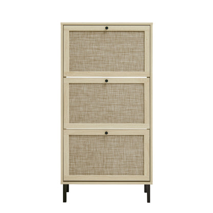'-Modern 3-Door Rattan Shoe Rack Cabinet, Freestanding Entryway Storage