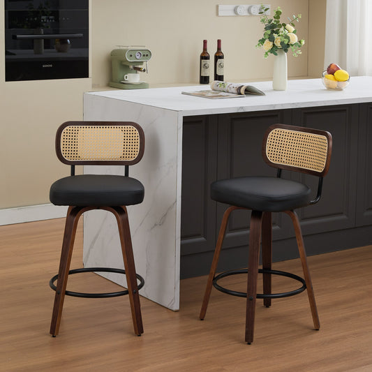 '-Set of 2 Rattan Counter Stools, 26" Swivel Cane Back & Upholstered Seat, Walnut Finish