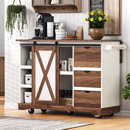 Farmhouse Kitchen Island with Drop Leaf, Barn Door & Power Outlet, White