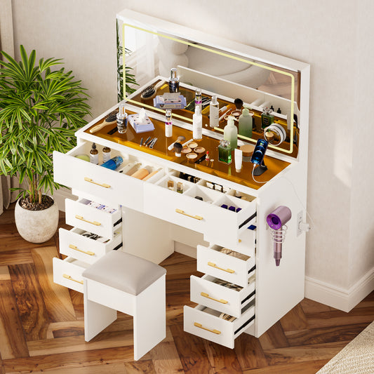 46" White Vanity Desk with Lighted Mirror, 10 Drawers & Stool, Glass Top Makeup Table