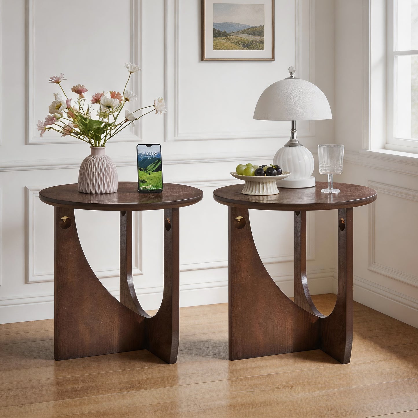 GOMYHOME Natural Solid Wood Round End Table Set of 2 with U-Shaped Base