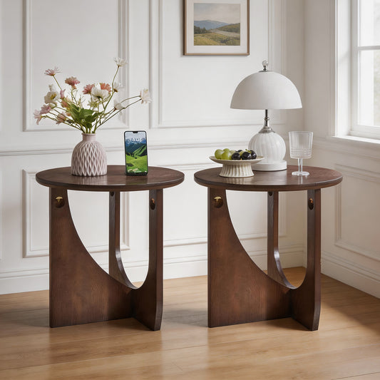 GOMYHOME Natural Solid Wood Round End Table Set of 2 with U-Shaped Base