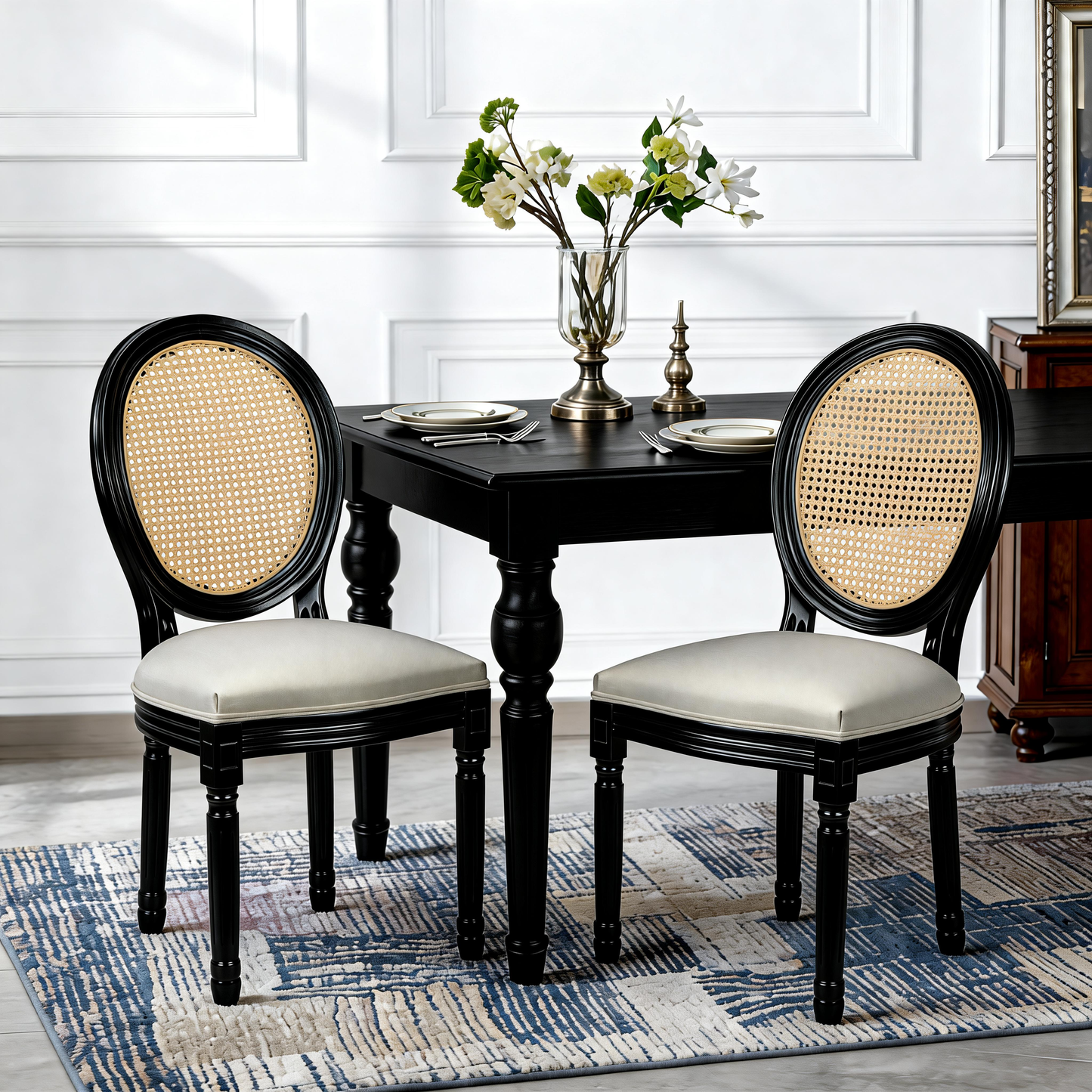 GOMYHOME French Country Rattan Back Dining Chairs Set of 2, Beige Fabric