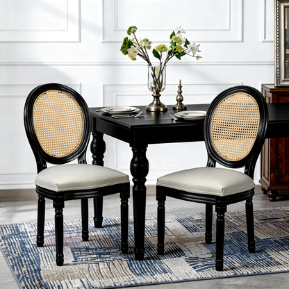 GOMYHOME French Country Rattan Back Dining Chairs Set of 2, Beige Fabric