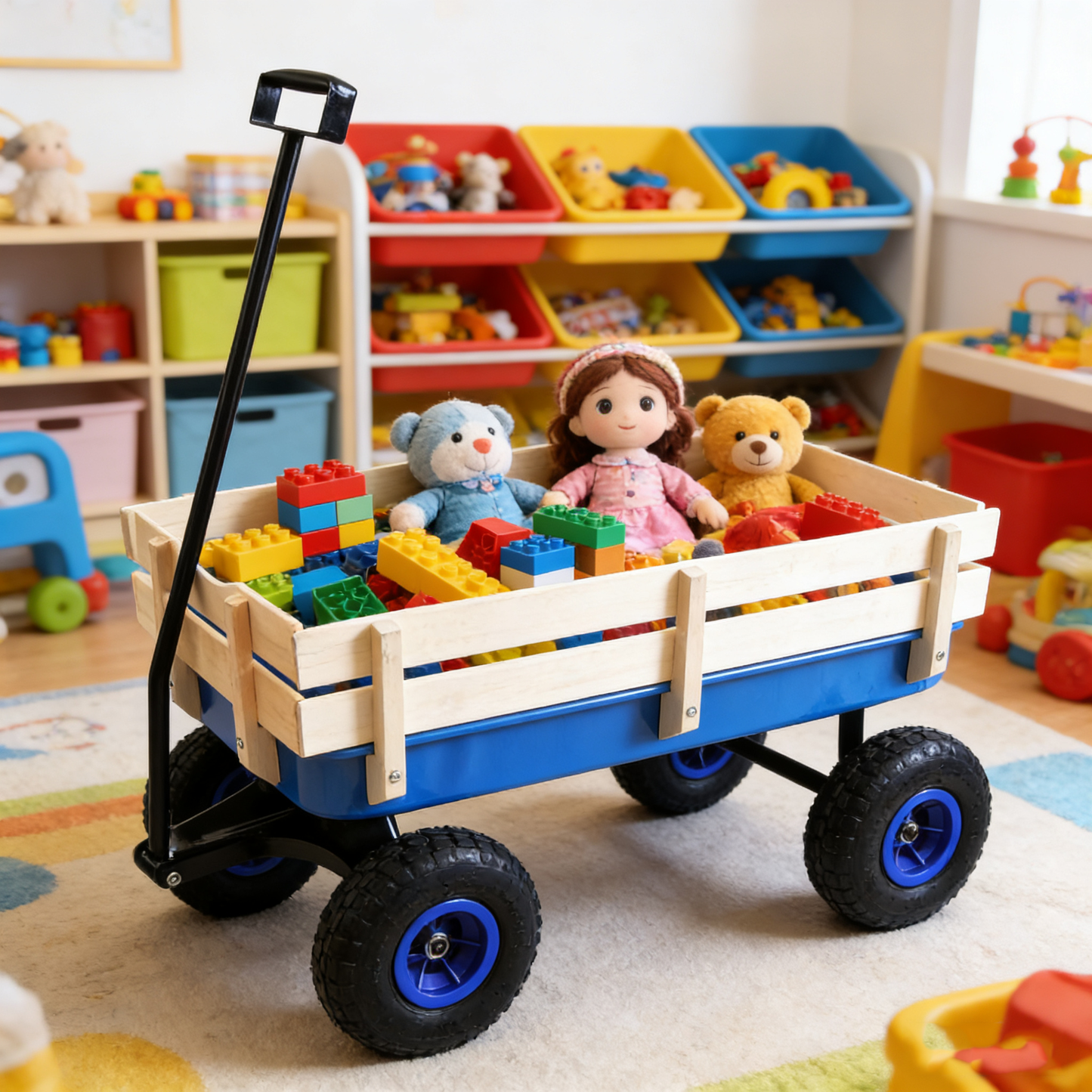 GOMYHOME Outdoor Wagon All Terrain Pulling Wood Railing Air Tires Garden Cart