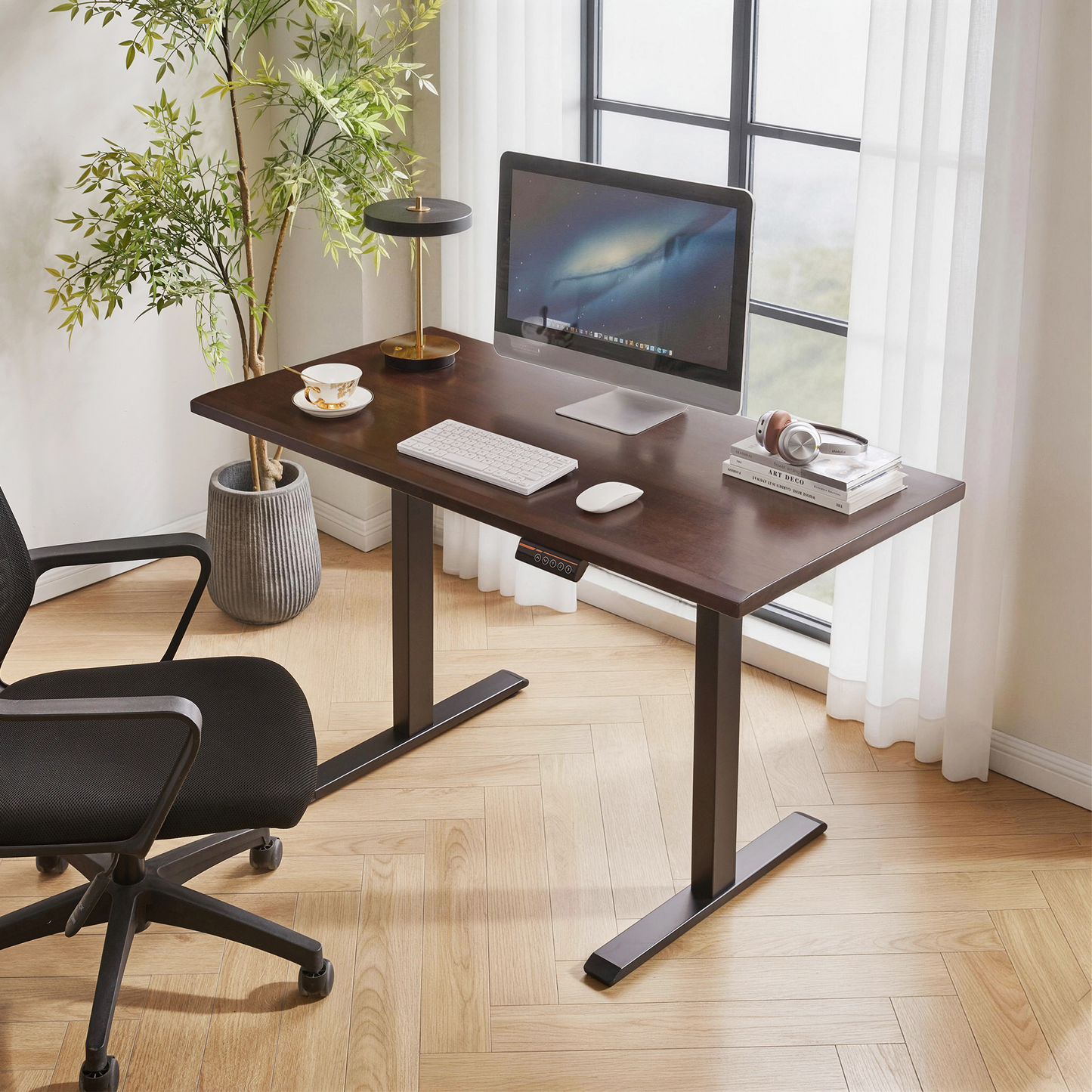 GOMYHOME Walnut Solid Rubberwood Electric Standing Desk, Adjustable Height Sit Stand Desk
