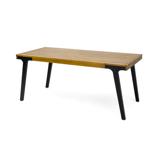 GOMYHOME Acacia Wood Patio Dining Table, 69'L Rectangle Outdoor Table, Teak Finish and Black Leg