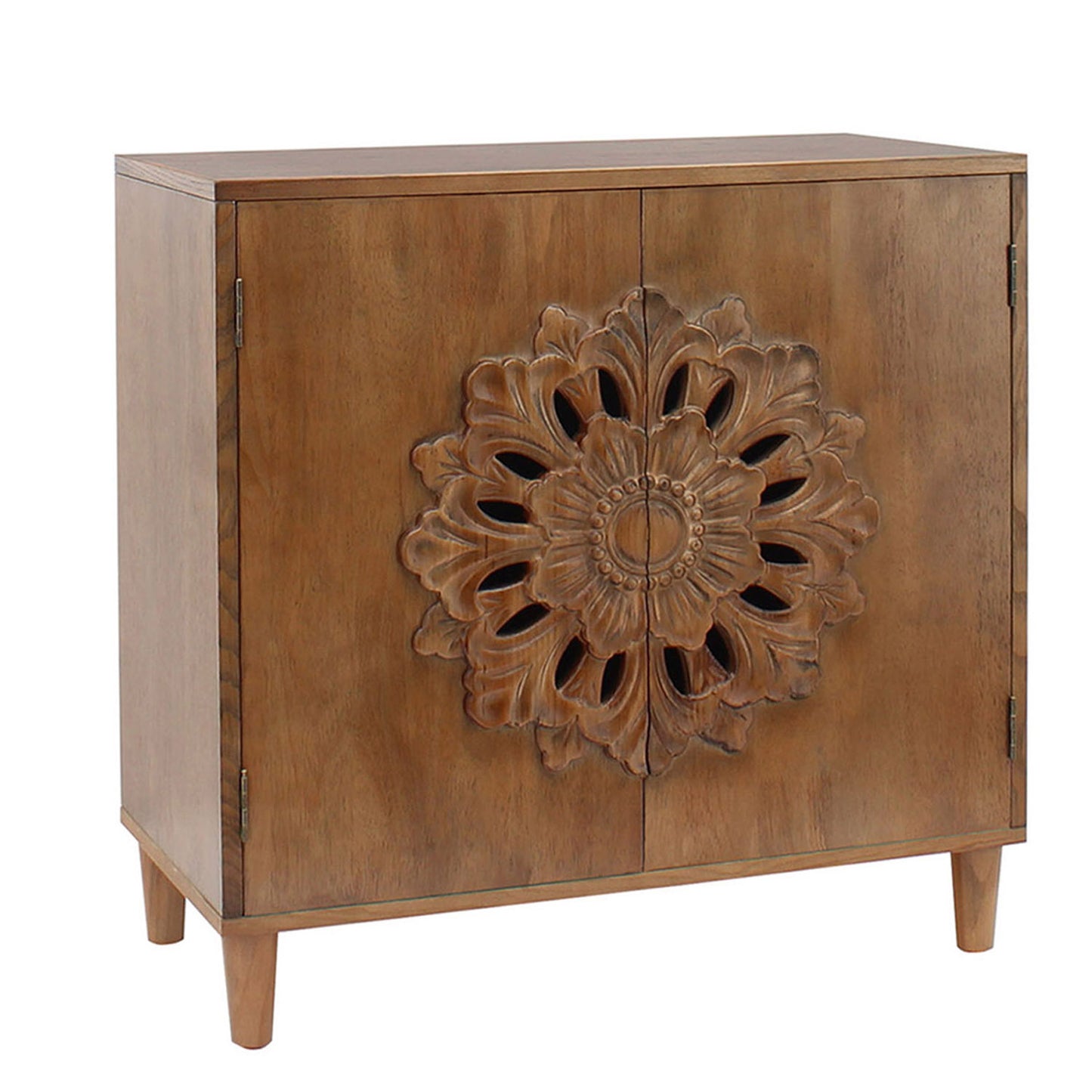 GOMYHOME Rustic Hand-Carved Wooden 2-Door Cabinet – Boho Accent Storage Cabinet with Floral Design, Solid Wood Sideboard for Living Room, Entryway, or Bedroom