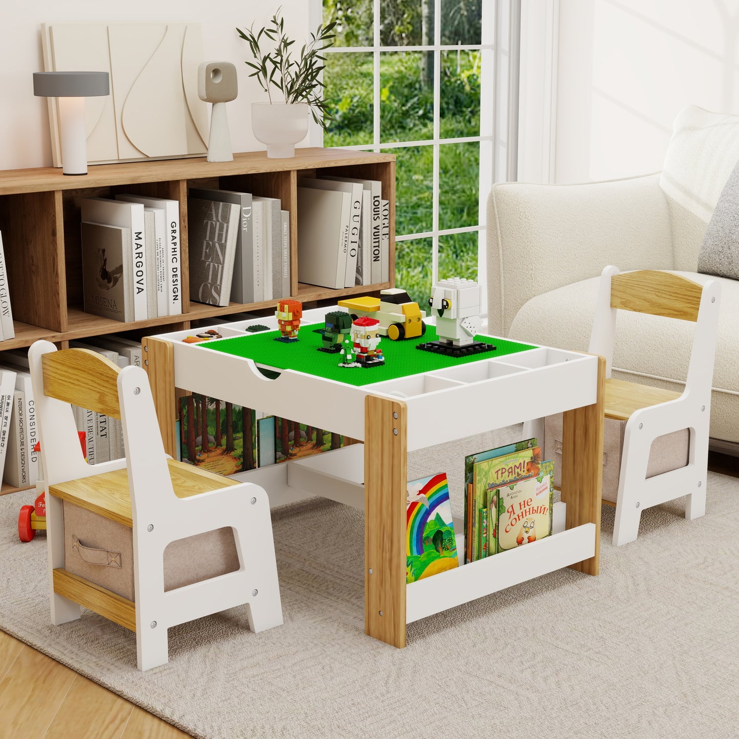 Kids 2-in-1 Play Table & 2 Chairs Set with Storage, LEGO Compatible, White
