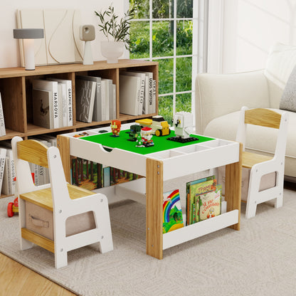 Kids 2-in-1 Play Table & 2 Chairs Set with Storage, LEGO Compatible, White