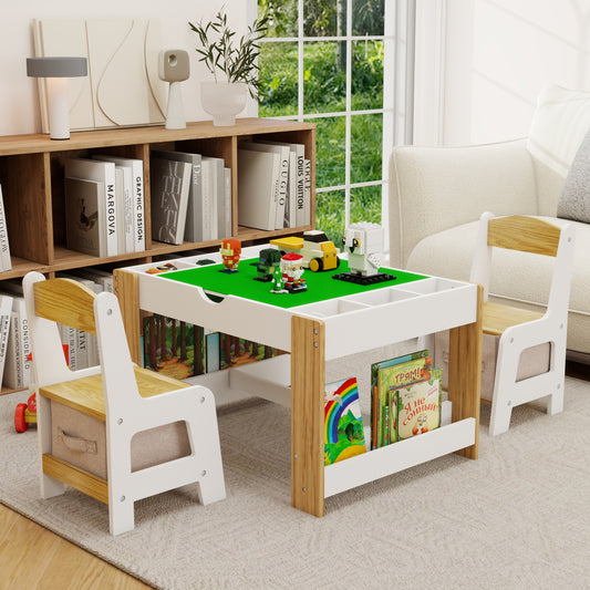 Kids 2-in-1 Play Table & 2 Chairs Set with Storage, LEGO Compatible, White