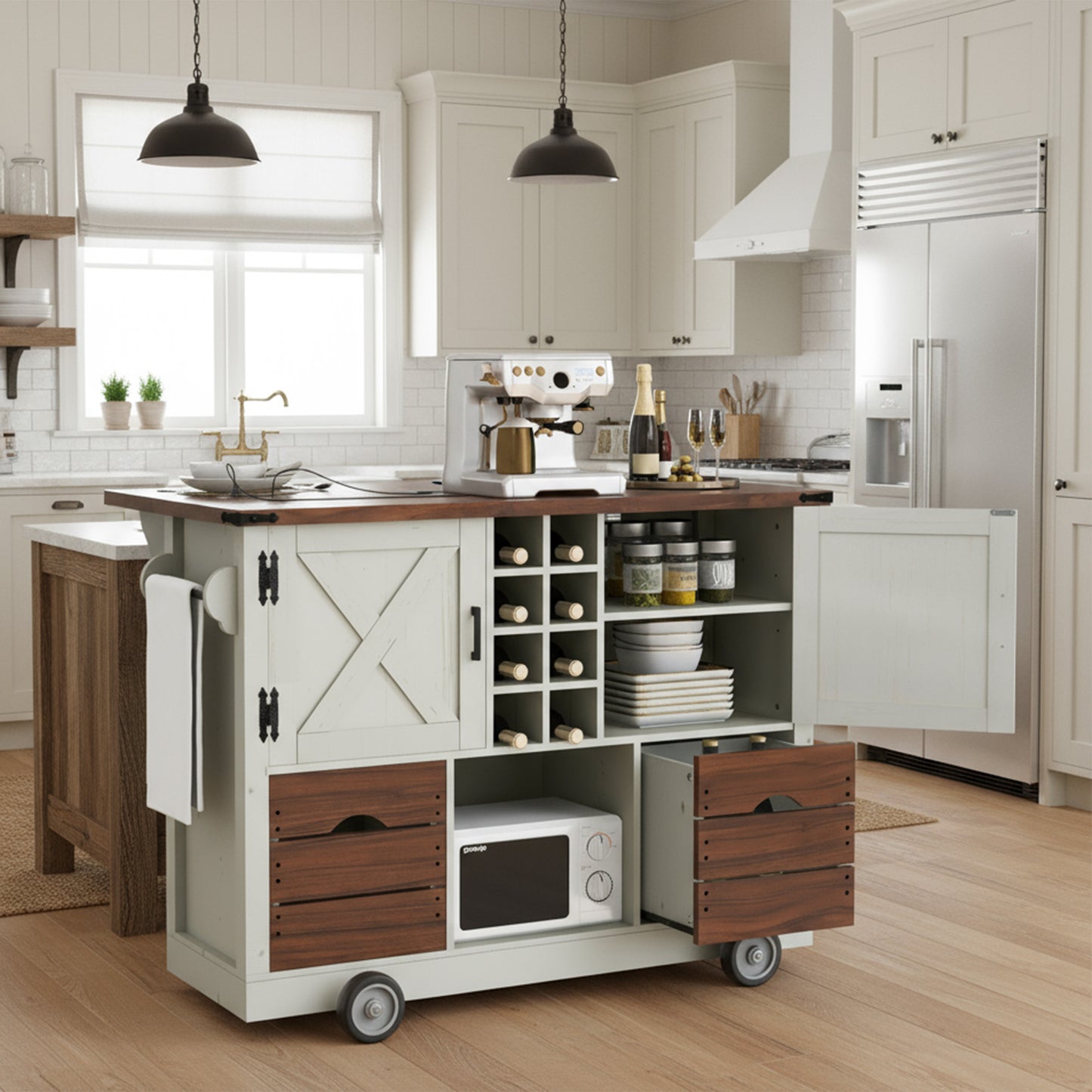 GOMYHOME 54" Farmhouse Kitchen Island with Drop Leaf, Power Outlet, Kitchen Storage Cart with 2 Doors, 2 Drawers, Rolling Kitchen Island on 4 Large Wheels with Spice Rack for Kitchen, Dining Room, White