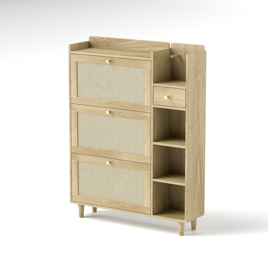 Bohemian Rattan Shoe Cabinet with Flip Drawers, Shelves & Storage in Natural Wood