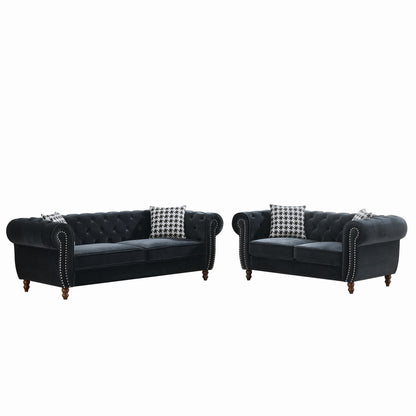 GOMYHOME Black Tech Fabric Chesterfield Sofa Set with 3+2 Seating