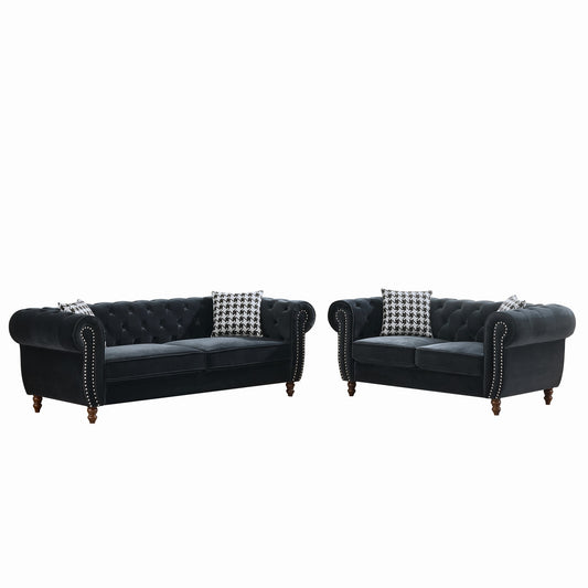 GOMYHOME Black Tech Fabric Chesterfield Sofa Set with 3+2 Seating