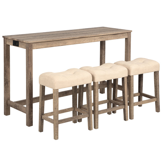 '-4-Piece Bar Table Set with Power Outlet & 3 Padded Stools, Rustic Brown