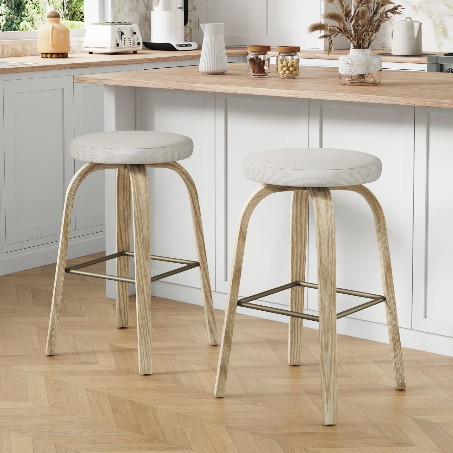 GOMYHOME Swivel Bar Stools Set of 2, 30in Bar Height Backless Stools, Fabric Seat, Beige