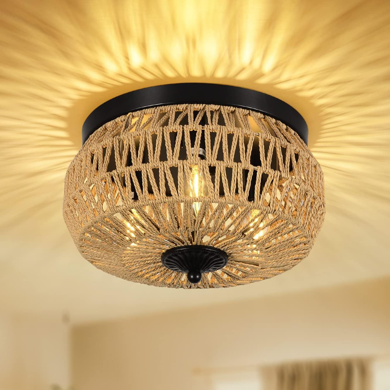 GOMYHOME 3-Lights Woven Rattan Flush Mount Ceiling Light Fixture with Hand-Worked Cage Shade for Bedroom, Kitchen, Foyer, Porch
