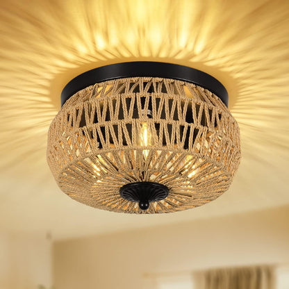 GOMYHOME 3-Lights Woven Rattan Flush Mount Ceiling Light Fixture with Hand-Worked Cage Shade for Bedroom, Kitchen, Foyer, Porch