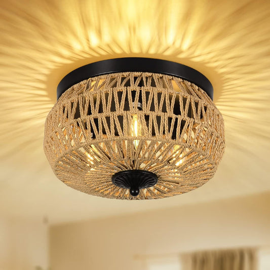 GOMYHOME 3-Lights Woven Rattan Flush Mount Ceiling Light Fixture with Hand-Worked Cage Shade for Bedroom, Kitchen, Foyer, Porch